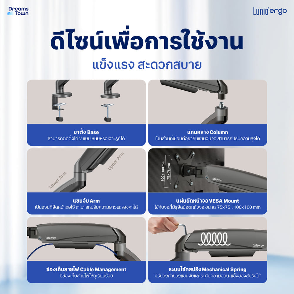 แขนจับจอ LUNIO ERGO MONITOR ARM CYBOT สีเทา 2 แขน หมุนได้360&deg;